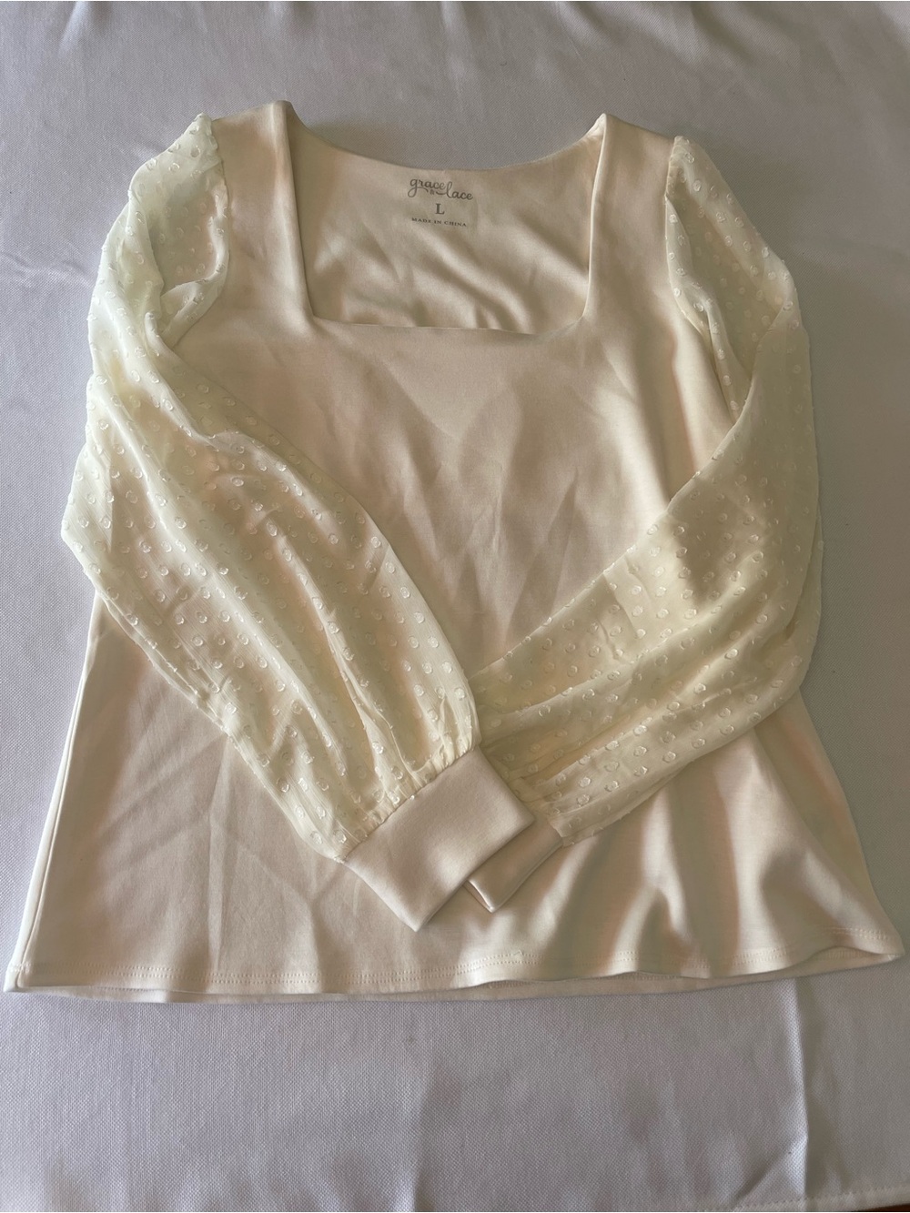Grace & Lace Cream sheer Dot Sleeve Square Neck Top thick material